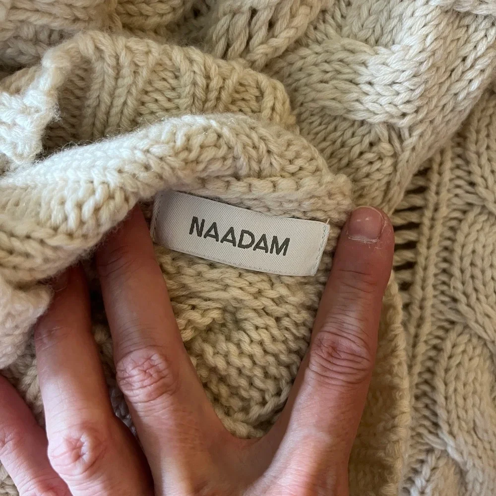 NAADAM Mens Wool Cashmere Cable Knit Fisherman Turtleneck Sweater Oatmeal Large